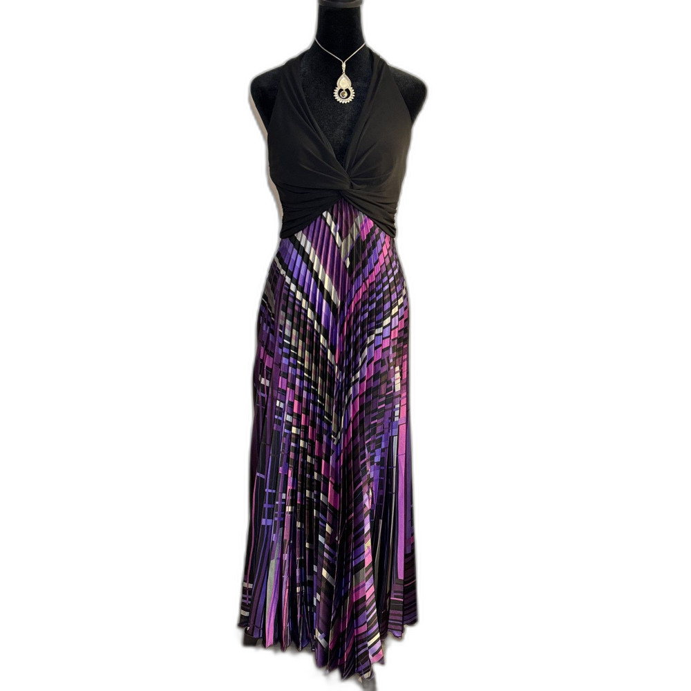 Vintage Betsy & Adam by Linda Bernell Purple Pleated Halter Maxi Evening Gown